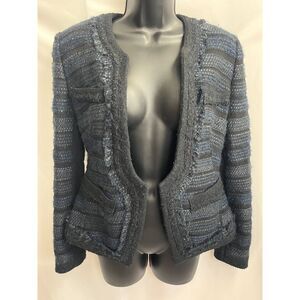 Michaa Tweed Boucle Blazer Jacket Navy Blue Black Classy 70s Sze S Career Office